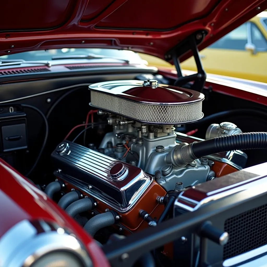 A classic car engine on display at a car show in Arlington