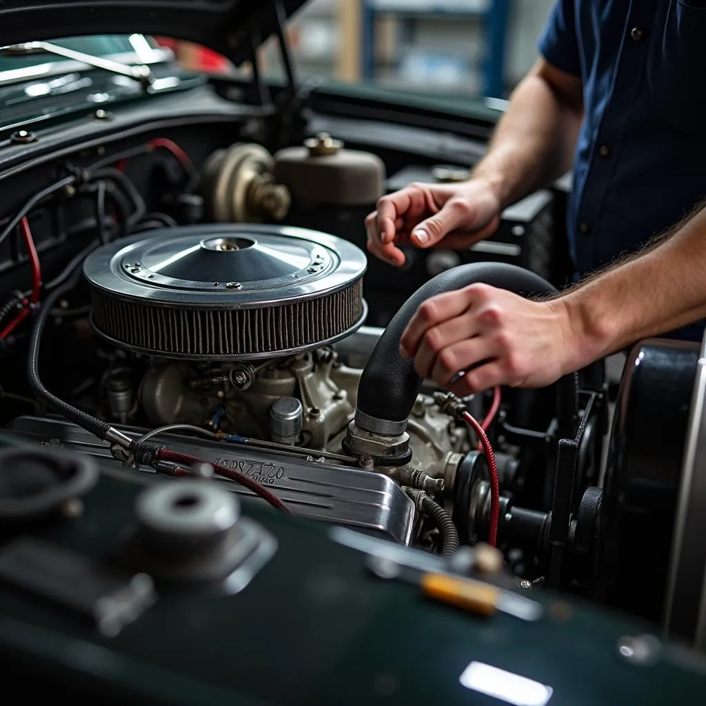 Mechanic repairing a classic car engine