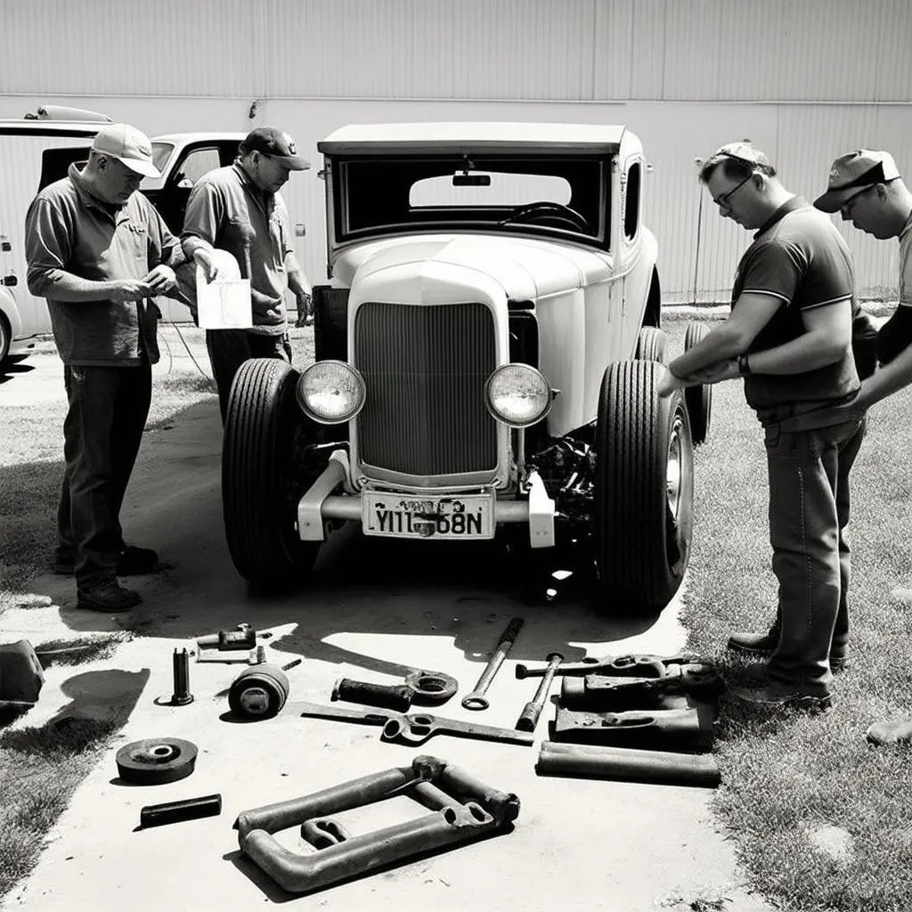 A group of classic car enthusiasts gathered around a vintage car, discussing its restoration