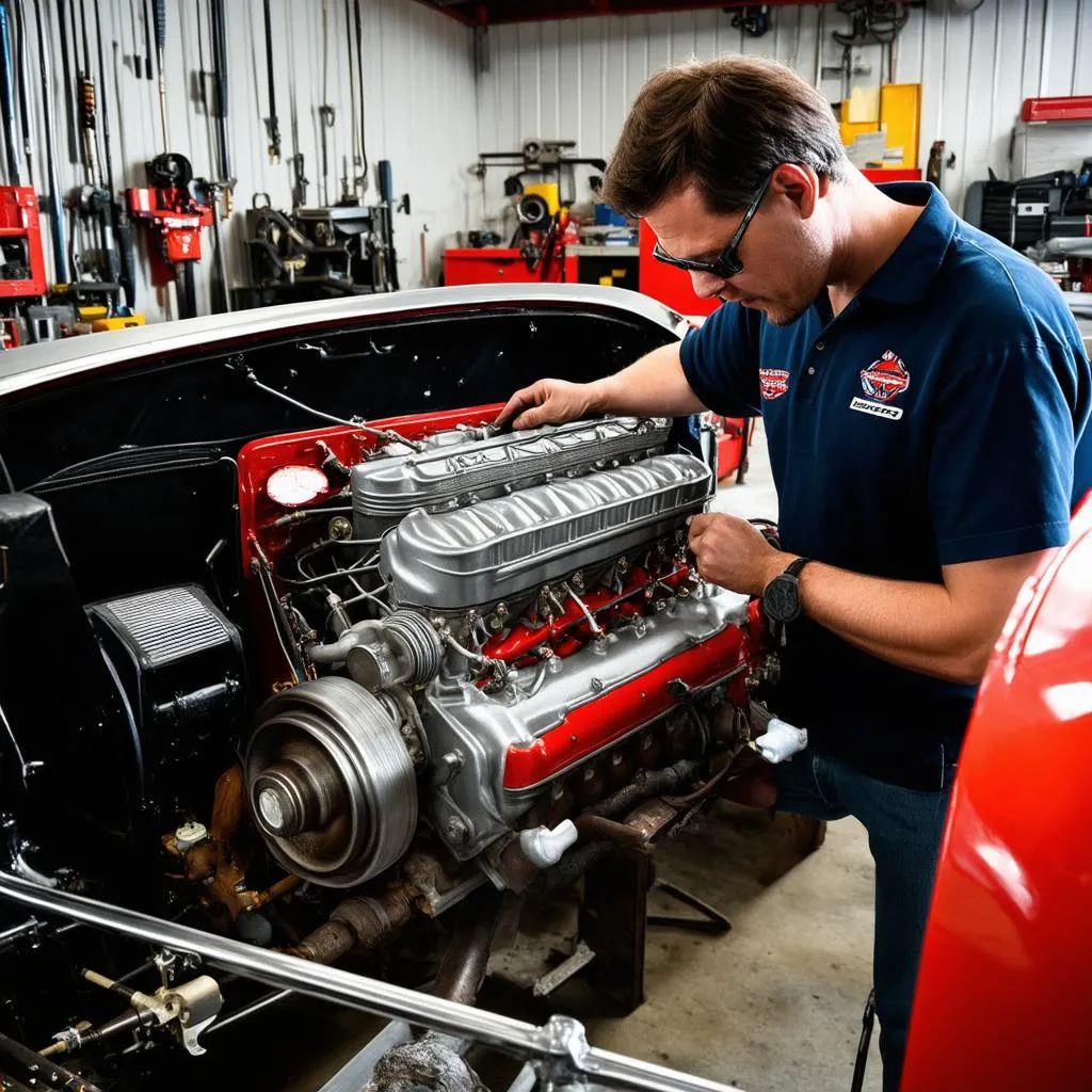 Expert mechanic working on a vintage race car engine