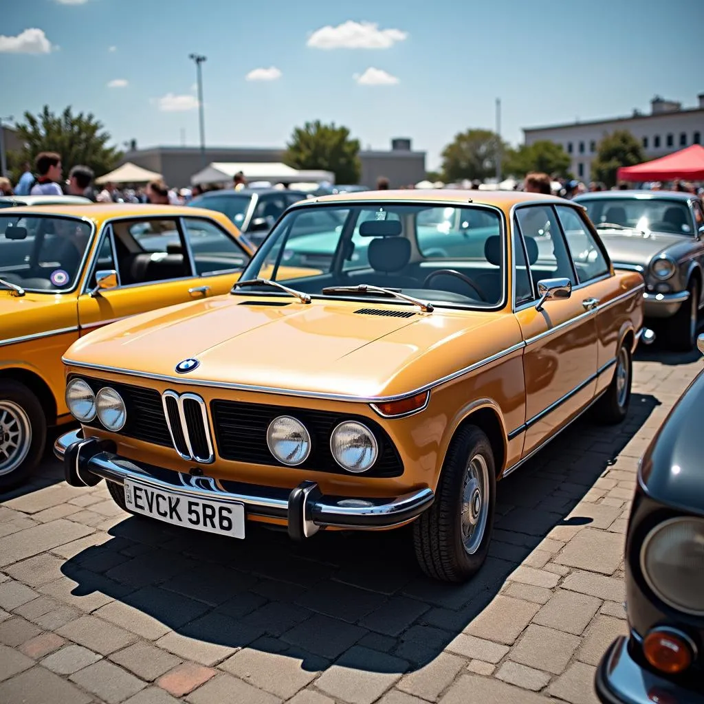 A classic car show with a BMW 320 on display