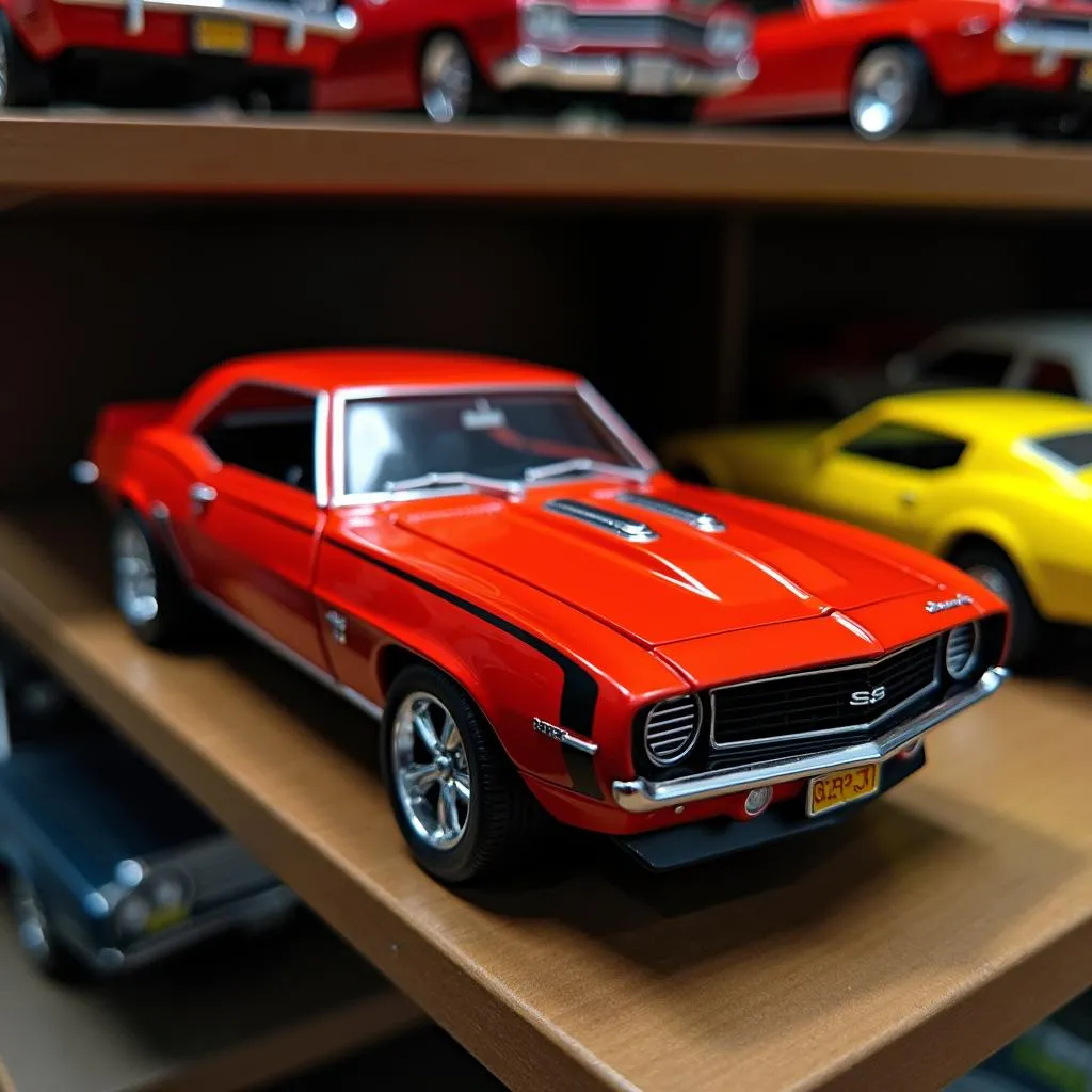 Classic Red Camaro Diecast Model on Display Shelf