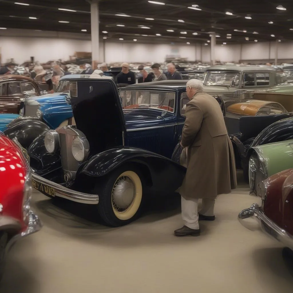 Classic car enthusiast inspecting a car