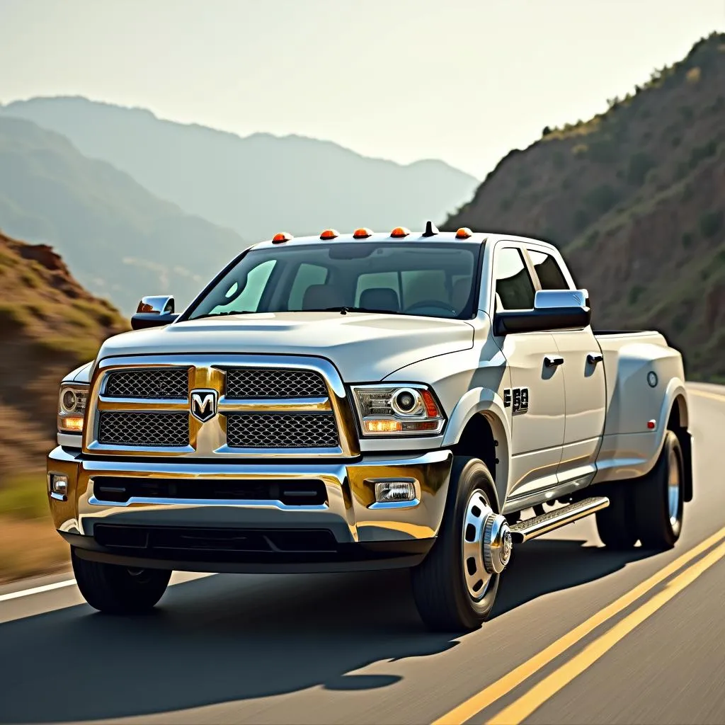 Sparkling clean dually truck driving down a scenic road