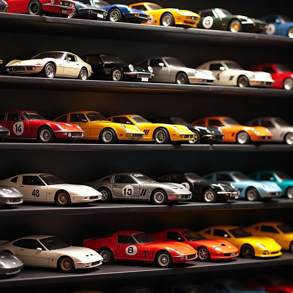 Display of various 1:18 scale cars on shelves