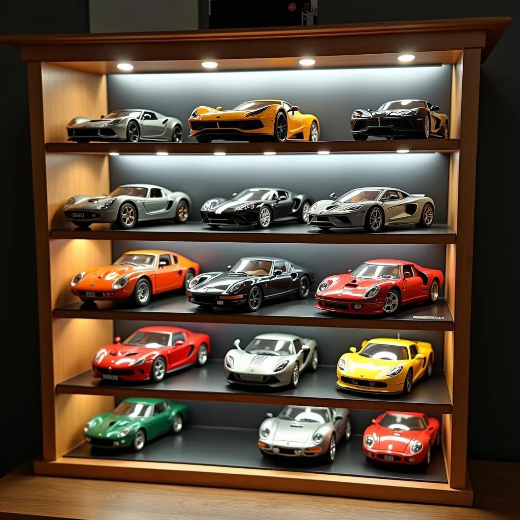 Collection of 1/6 Scale Model Cars in Display Case