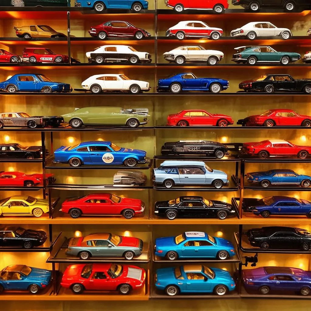 Collection of Diecast Cars on Display Shelves