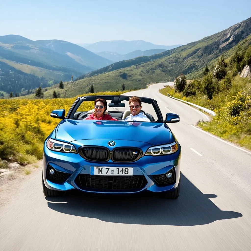 Happy couple driving their BMW M240i xDrive Convertible along a scenic mountain road