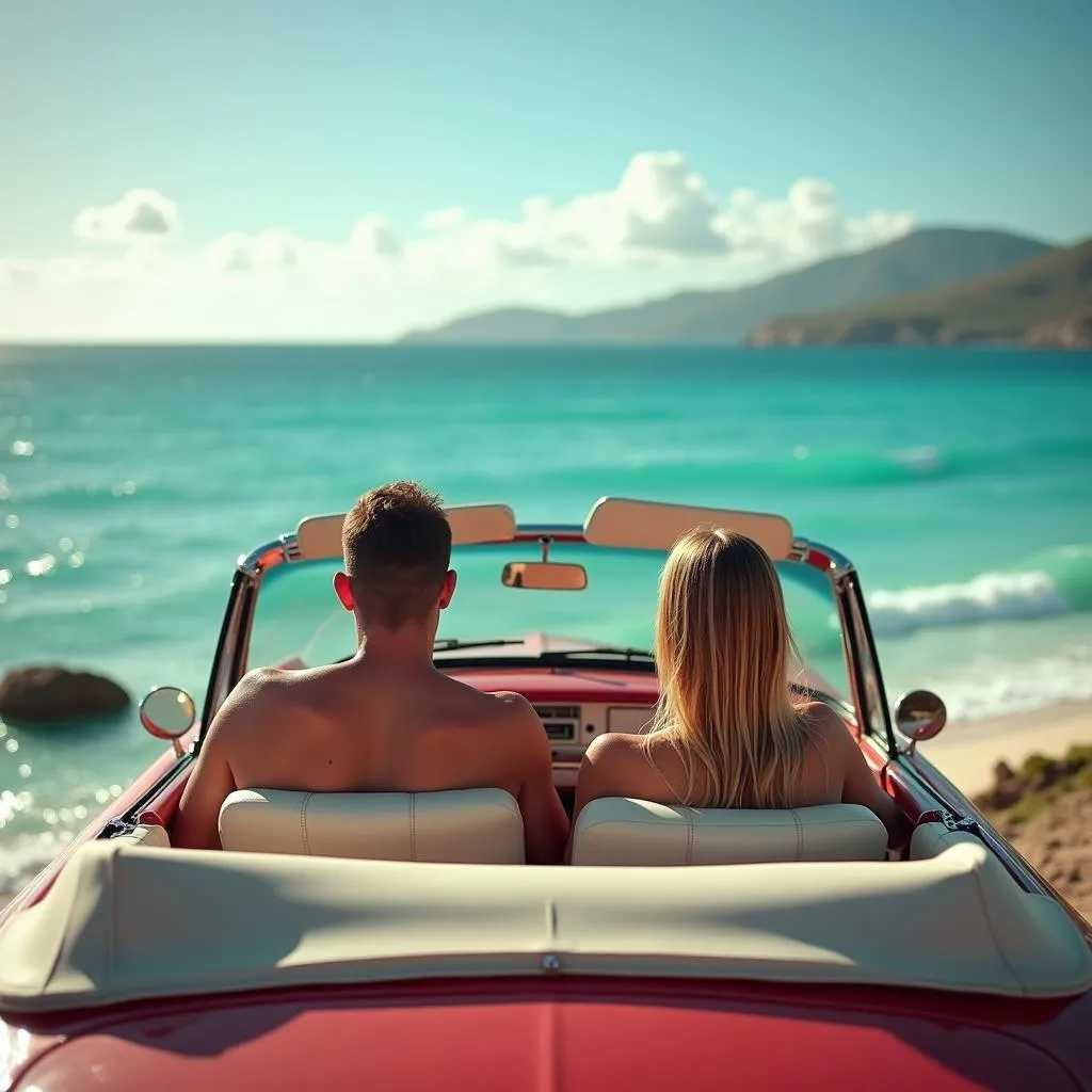 Couple enjoying a scenic drive in their Rex rental car along the Cuban coastline