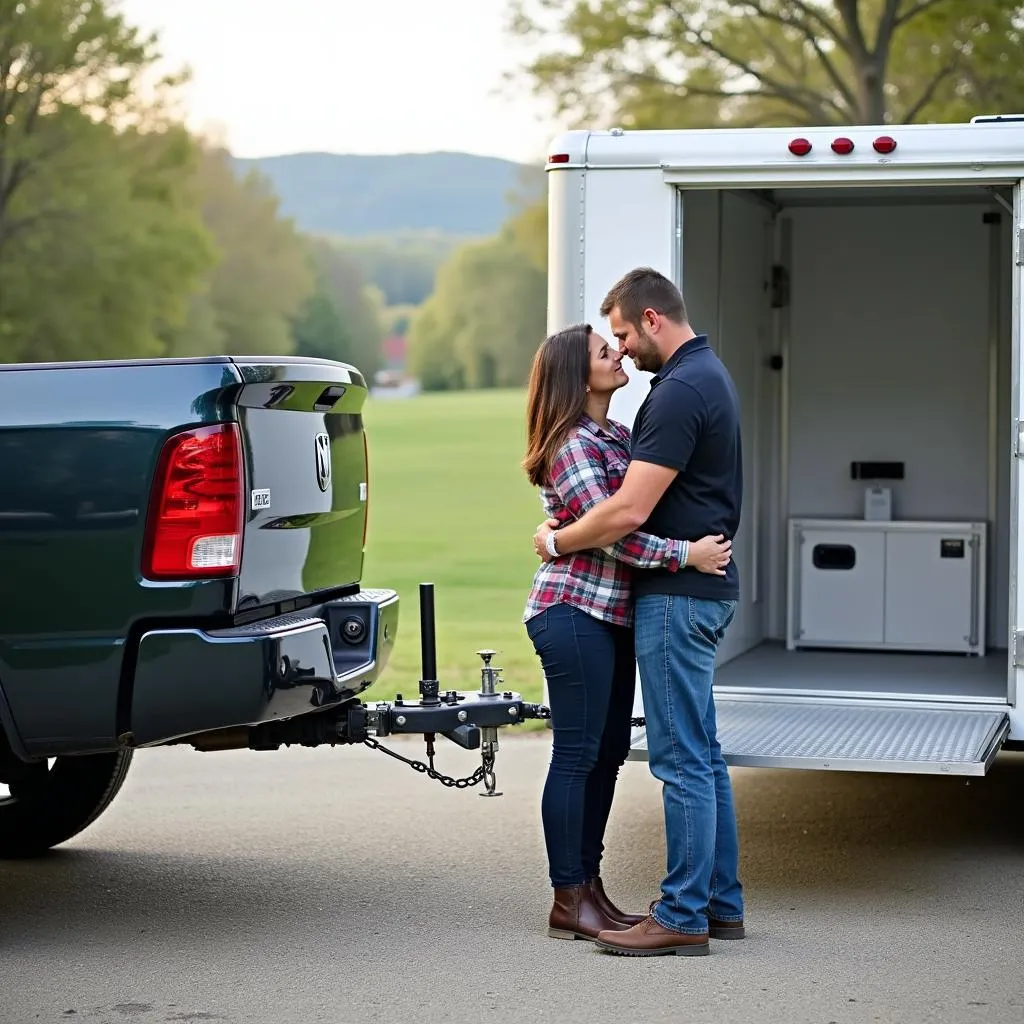 Couple Hitching Car Hauler To Truck