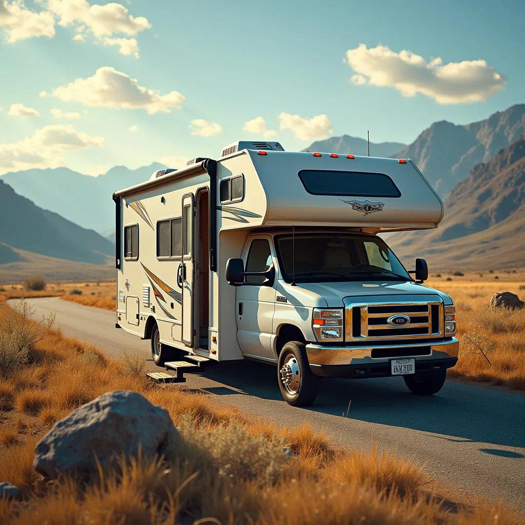 A couple stands outside their car hauler with living quarters, studying a map and planning their route. Their classic car is visible inside the hauler.