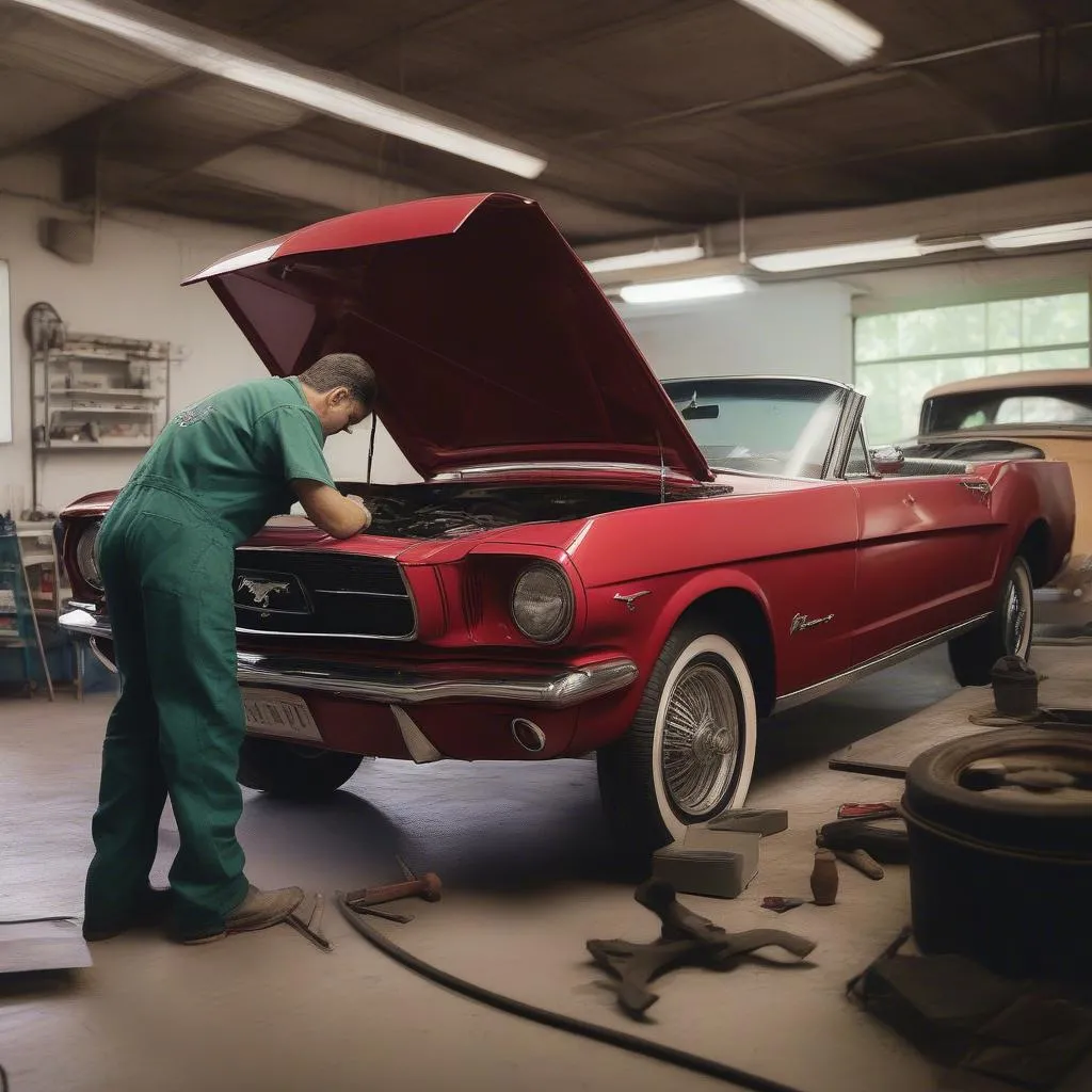 Mechanic working on a classic car, Cuba Rex car rental