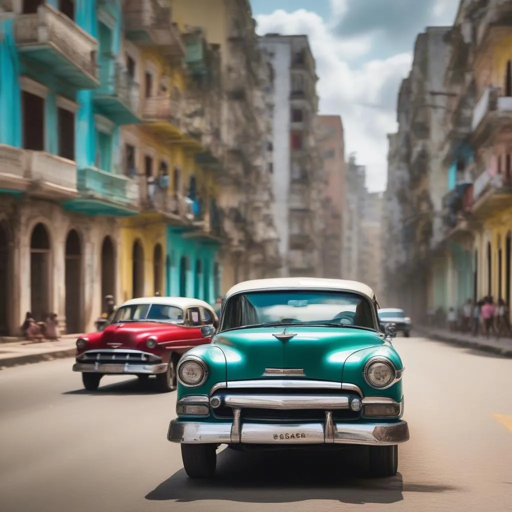 Classic American car driving through a vibrant street in Havana, Cuba