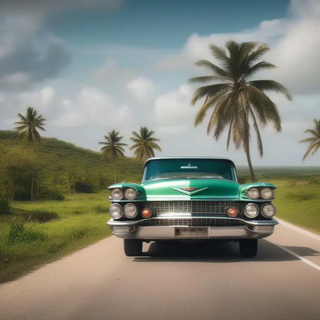 Classic car driving through the Cuban countryside