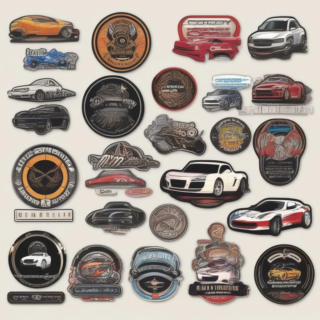 A collection of various car stickers with different designs