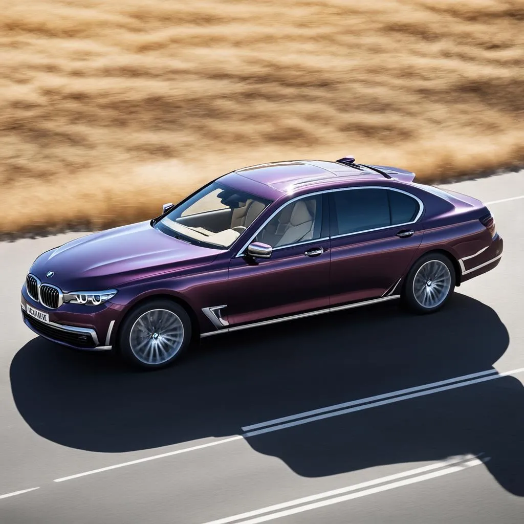 A BMW painted in dark purple on the road