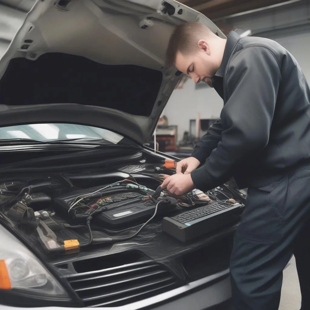 Mechanic using a dealer scanner for European cars to diagnose an issue