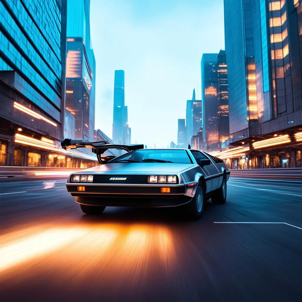 DeLorean time machine in motion