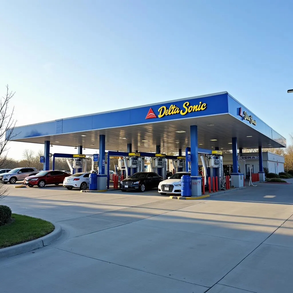 Modern car wash facility with cars lined up