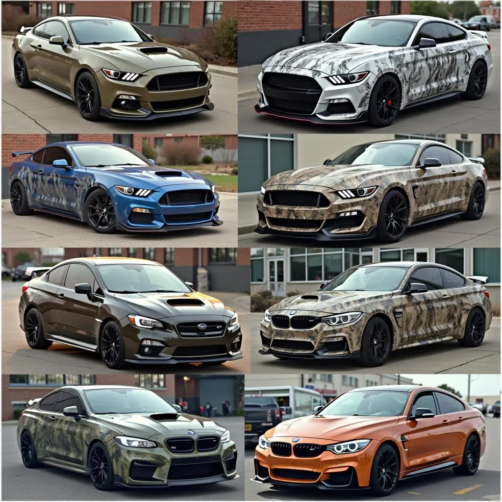 Various Camo Vinyl Car Wrap Styles Applied to Different Car Models