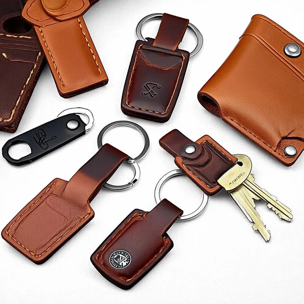 Various styles of car key rings made from leather, including minimalist designs, those with added functionality, and personalized options.