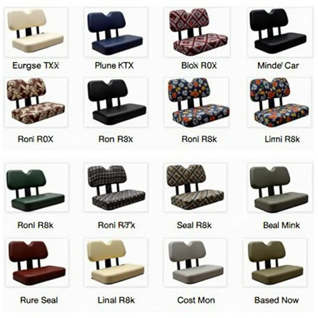 Various golf cart seat cover designs displayed in a showroom