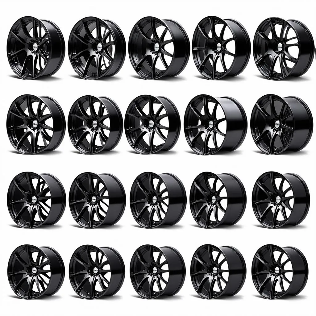 A variety of black rims with different finishes and styles.