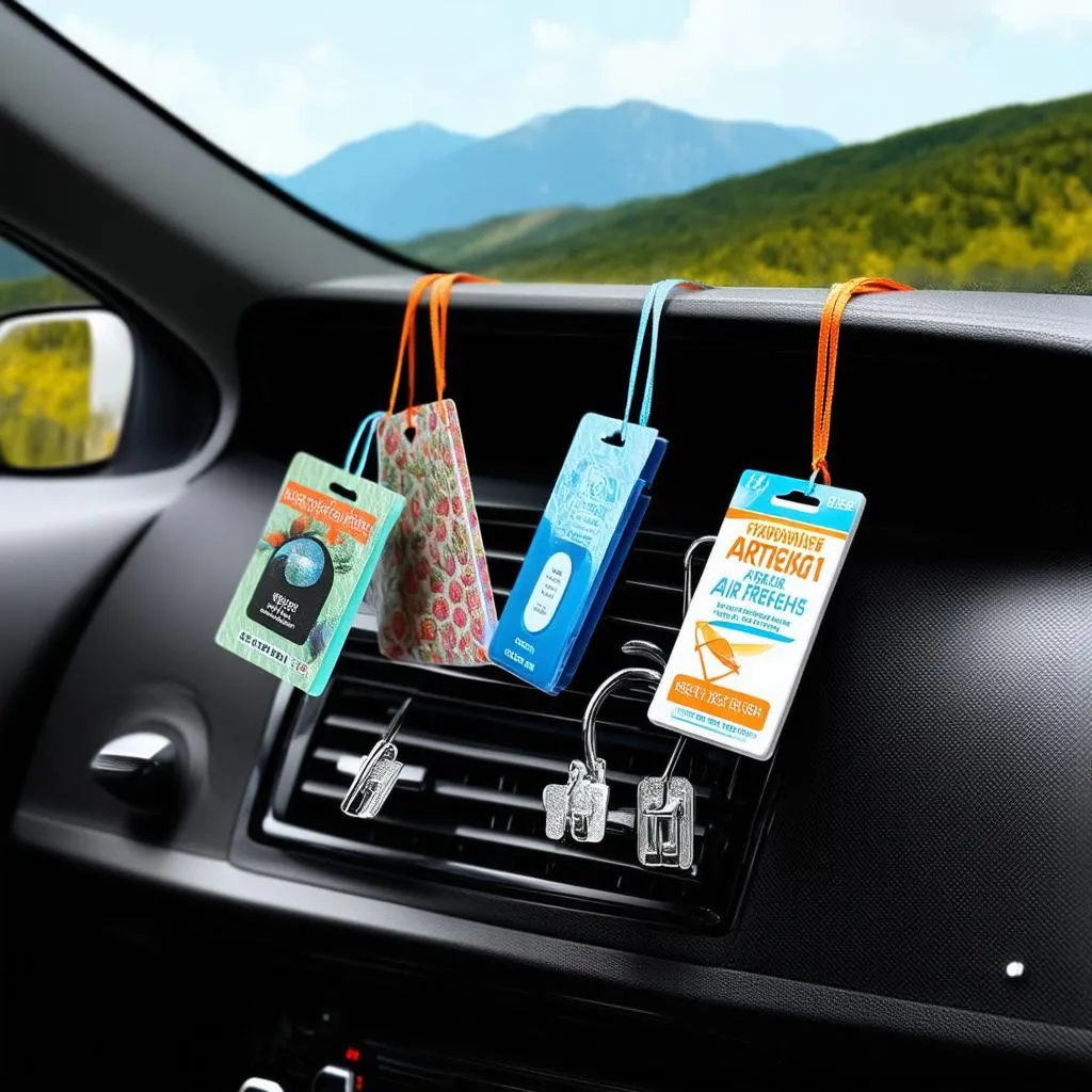 Different types of car air fresheners displayed on a dashboard.