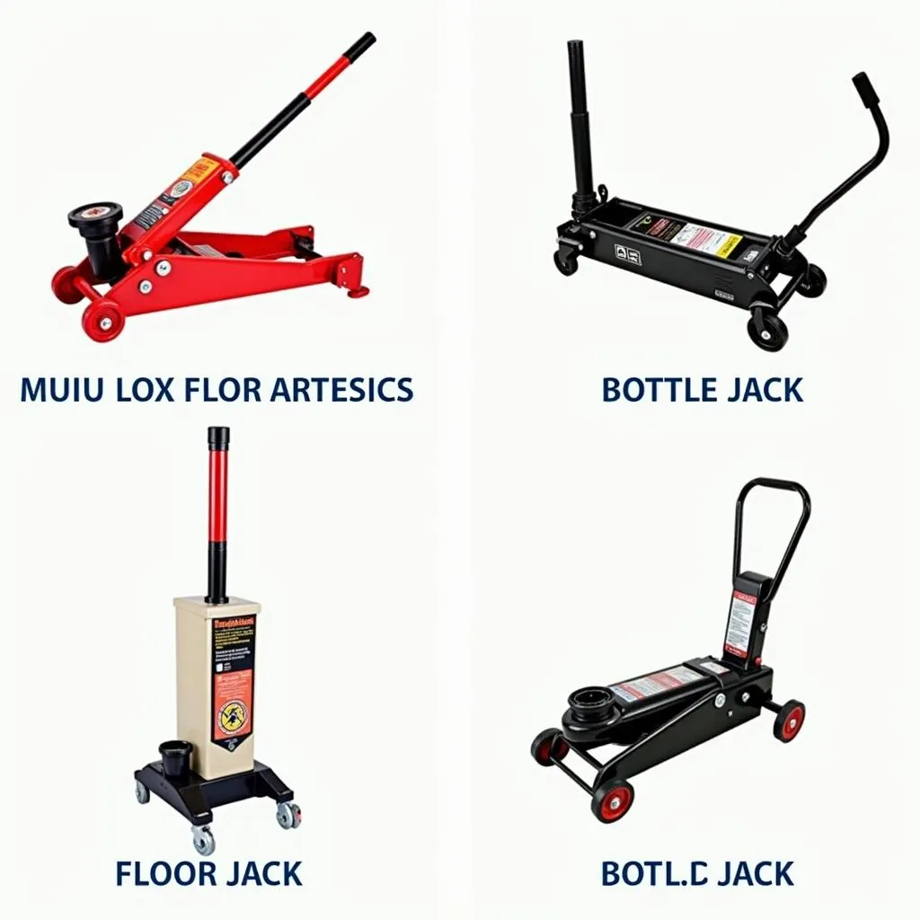 Variety of car jacks including floor and bottle jacks