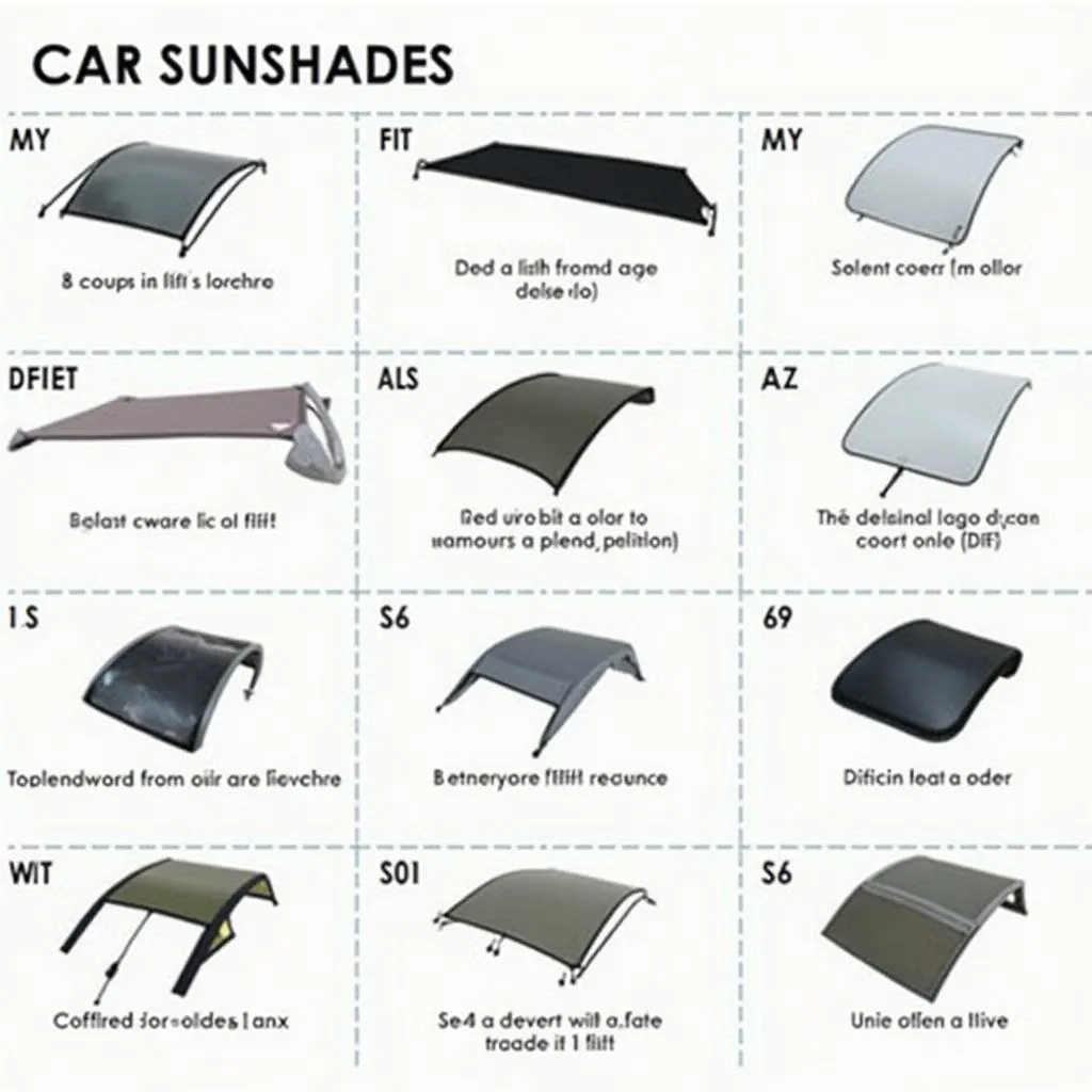 Various types of car sunshades displayed on a table