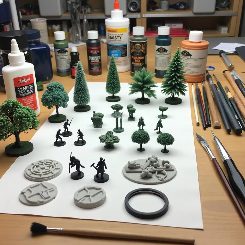 An assortment of tools and materials used in crafting dioramas