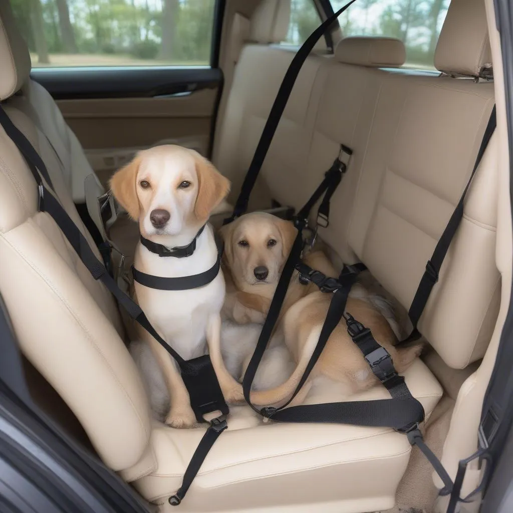 A dog car seat for two dogs being installed in the backseat of a car, with two dogs sitting comfortably inside