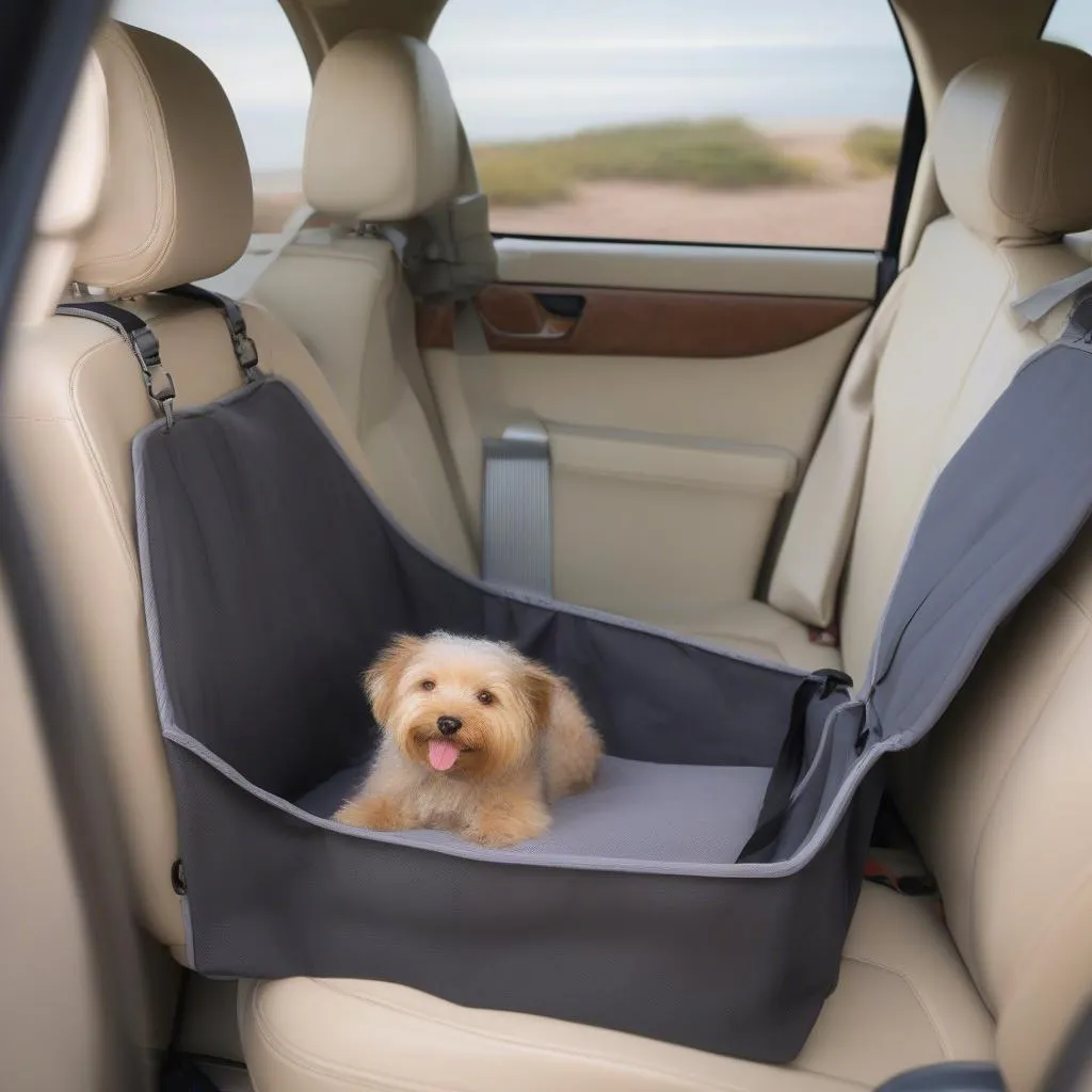 Different types of dog car seats for two dogs, including a hammock, bench, and booster seat