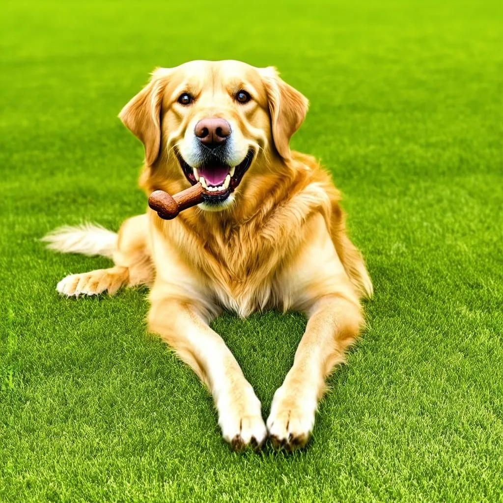 A happy golden retriever eagerly chews on a Proden PlaqueOff Dental Care Bone.