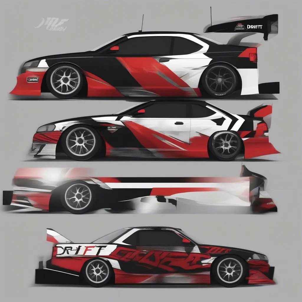 Drift car livery example with a red, black, and white color scheme