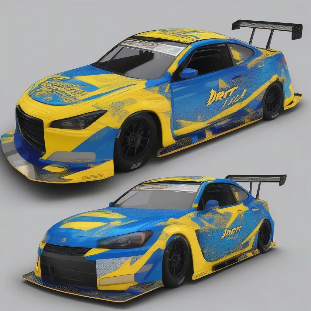 Drift car livery example with a blue and yellow color scheme