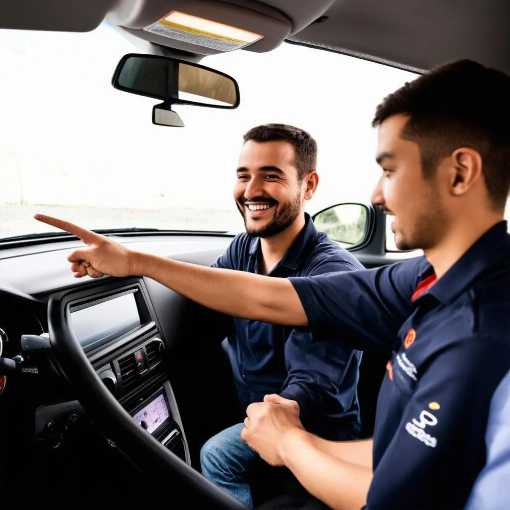 Driving instructor explaining something to a student driver.