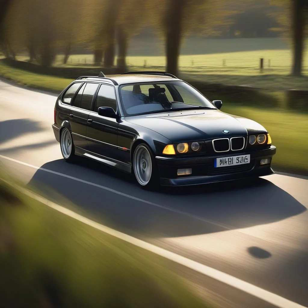 BMW E36 Touring driving on a scenic country road