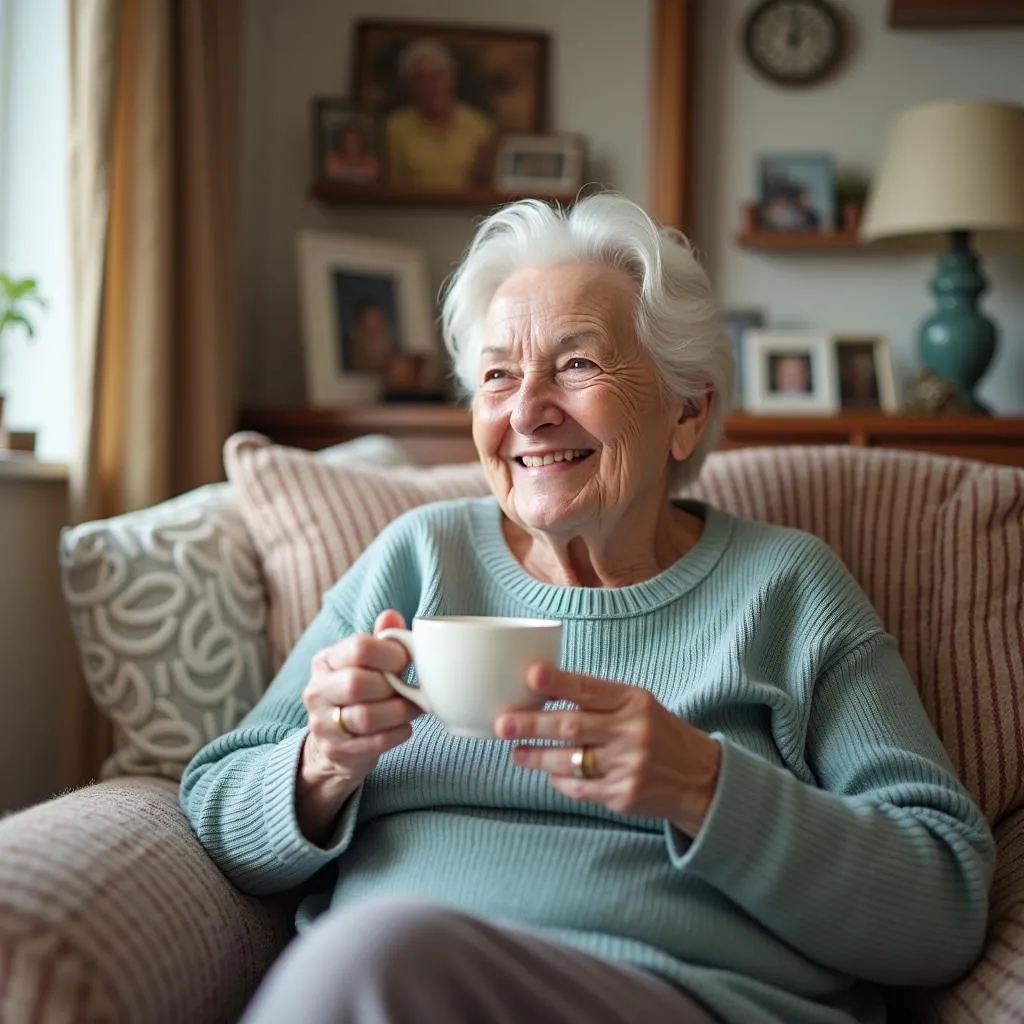 Elderly woman smiling in her living room