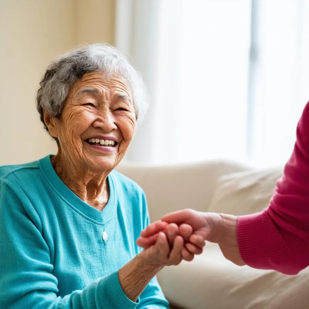 Smiling elderly woman with caregiver