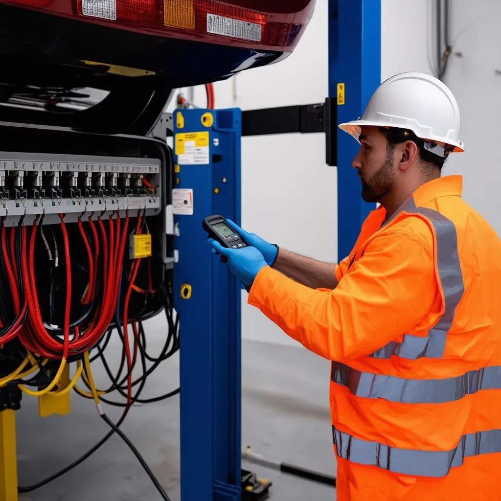 Electrician Inspecting Car Lift Wiring