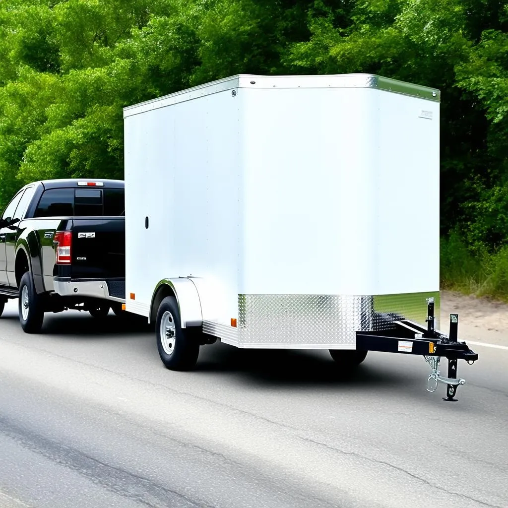 Enclosed car trailer driving on highway