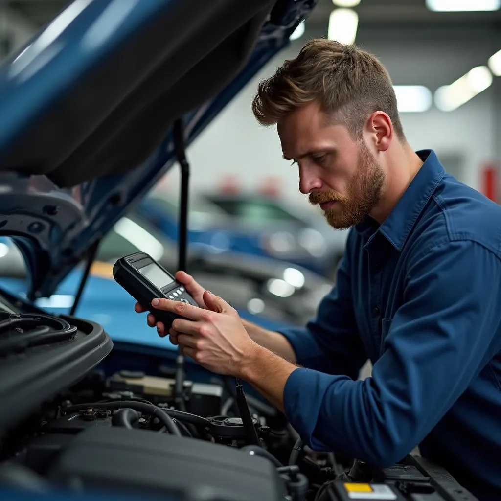 Car Mechanic Diagnosing a Vehicle