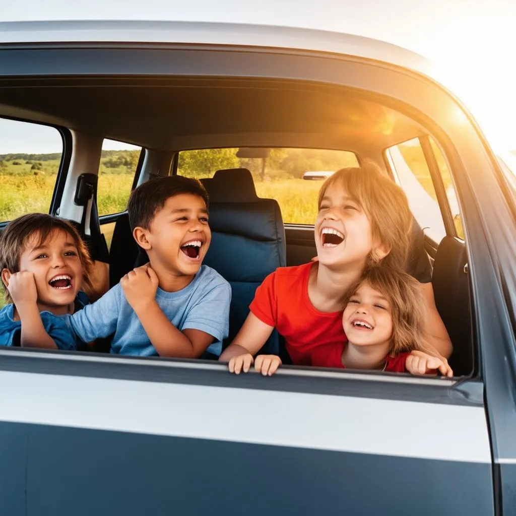 Happy family playing riddle game in the car