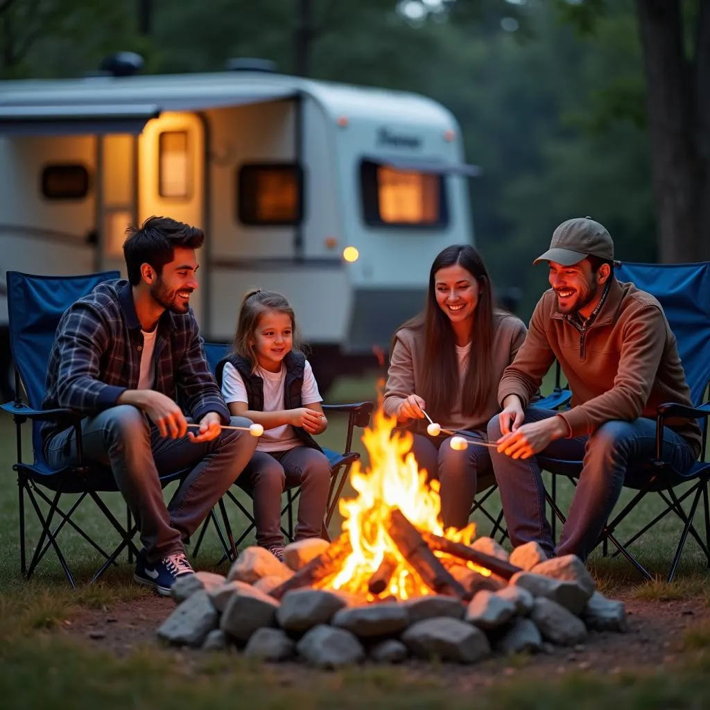 A family gathered around a campfire near their travel trailer