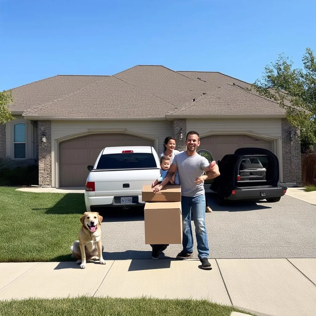 A happy family, with a dog, moving boxes into a beautiful house with a three-car garage.  The garage doors are open, and there is moving truck in the driveway.