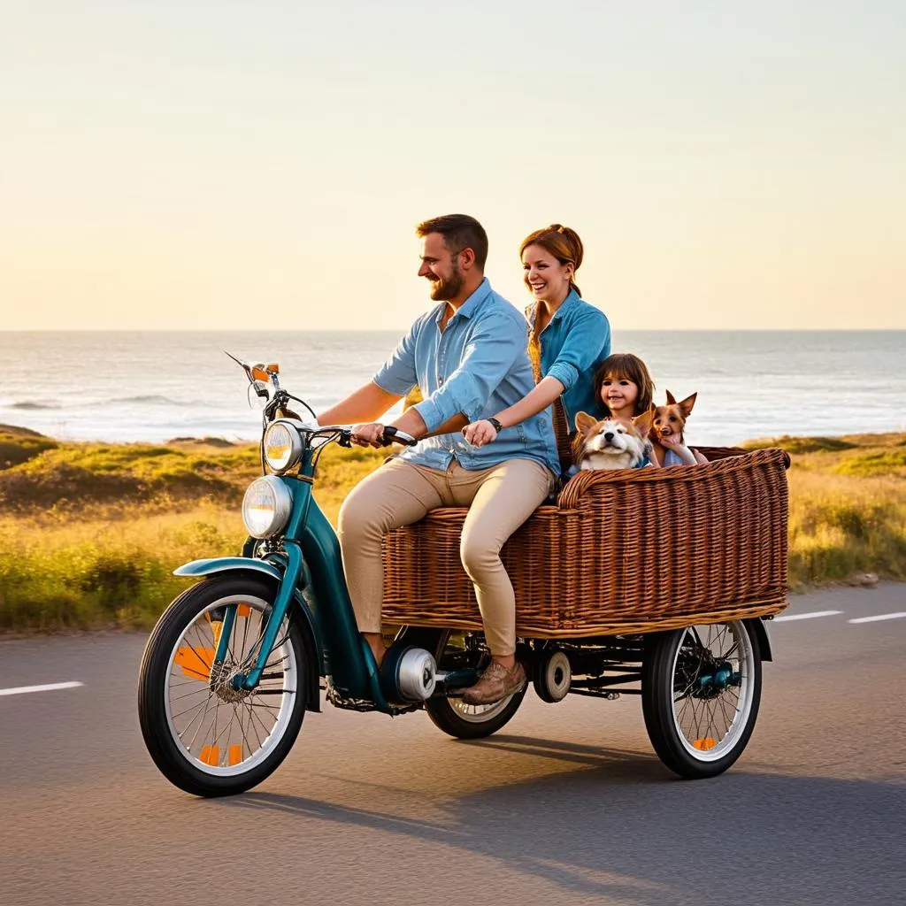 Family enjoys a ride on an e-bike with sidecar