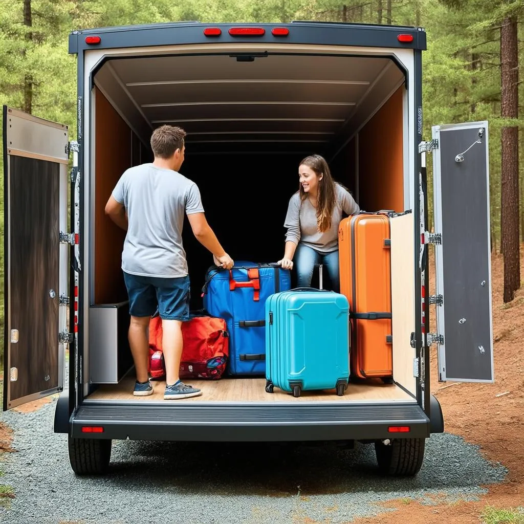 Family packing a cargo trailer for a trip