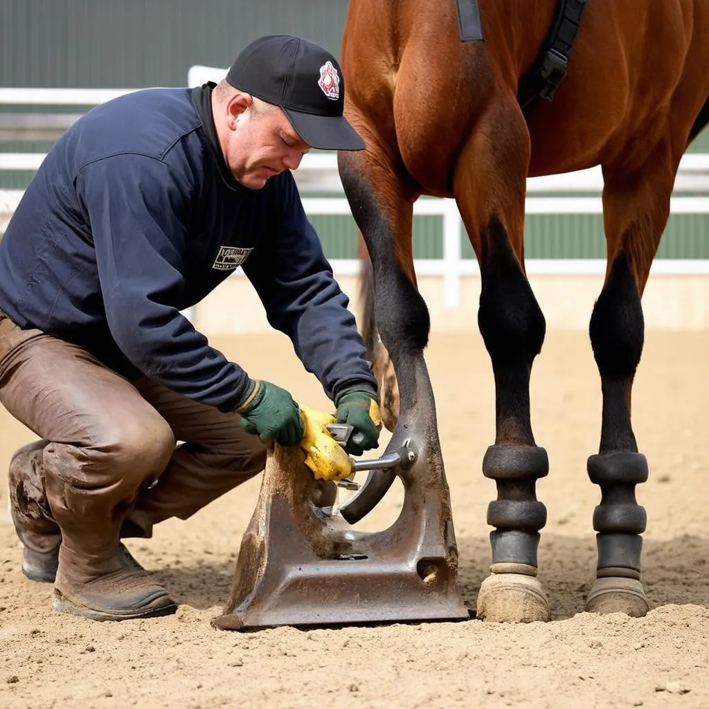 Farrier trimming a horse's hoof