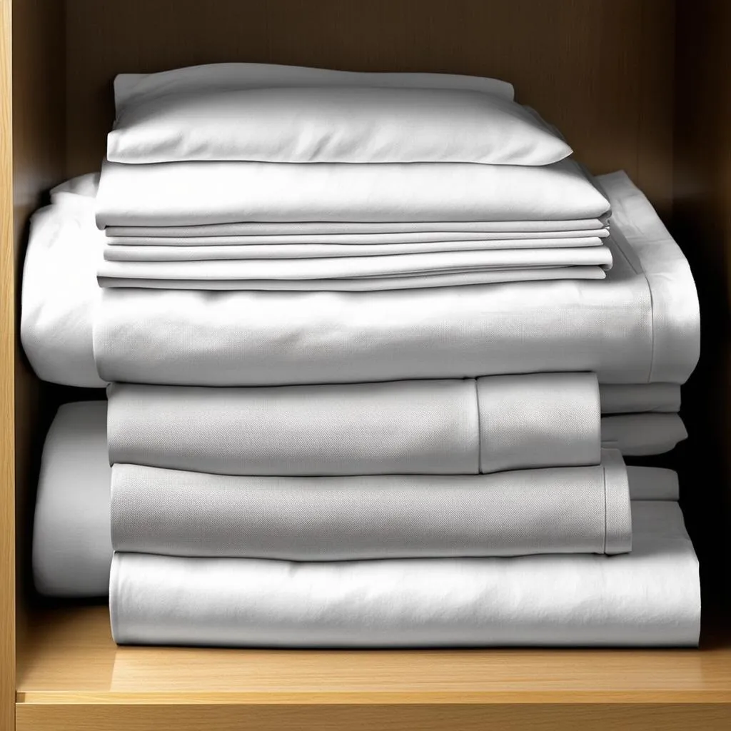 Folded linen sheets stored on a shelf